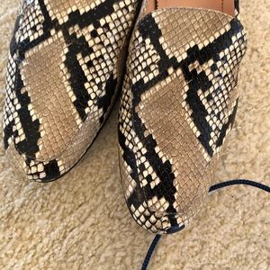 J Crew leather snakeskin loafers.